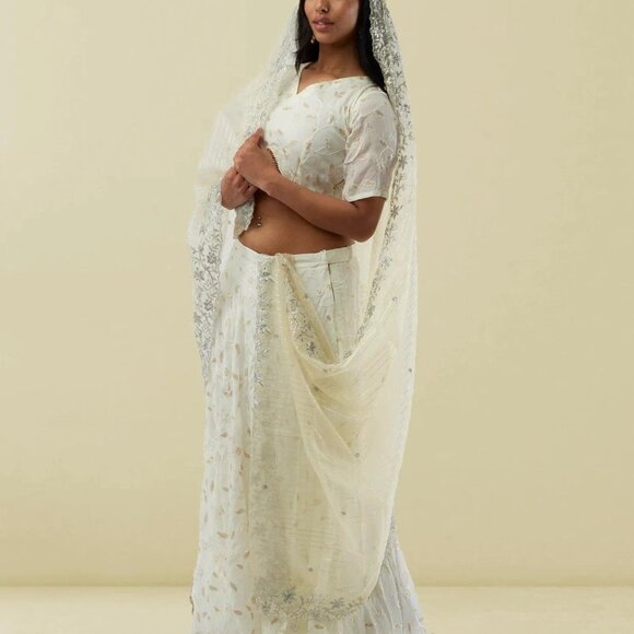 White Banarasi Georgette Lehenga with Lace | Muvvas Boutique - Picture 5 of 6